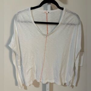 Sundry White Long Sleeve V-Neck Top with Orange Stitch